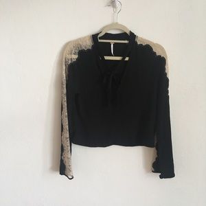 Free People Tie Neck Blouse Lace Arms